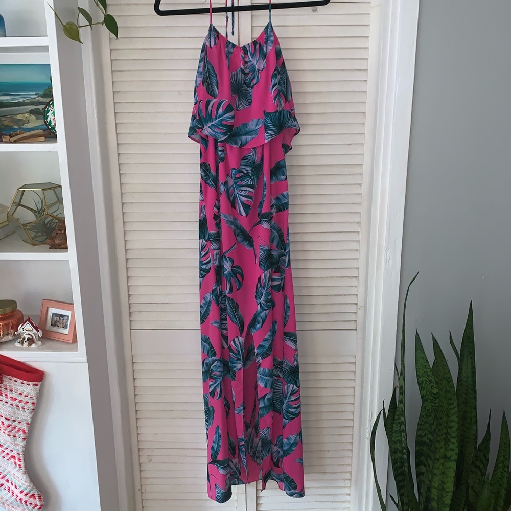 Hot pink & palm leaves maxi dress